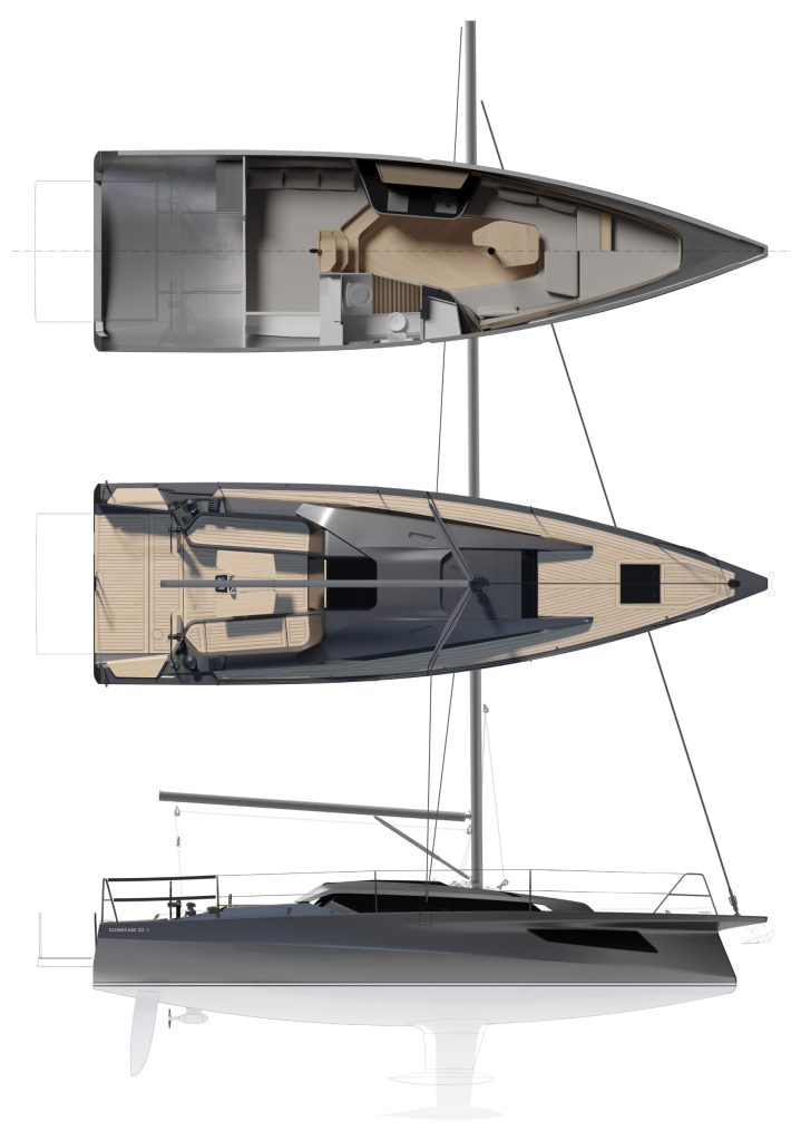 Schematische Darstellung einer Sunbeam Yacht in drei Perspektiven, die das Innen- und Außendesign zeigen